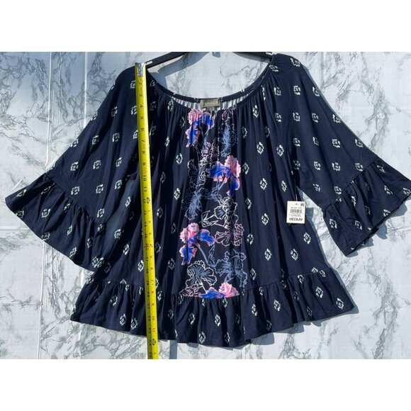 Style & Co Womens Navy Blue Floral Top w ruffle sleeves and hem Medium - Picture 3 of 7